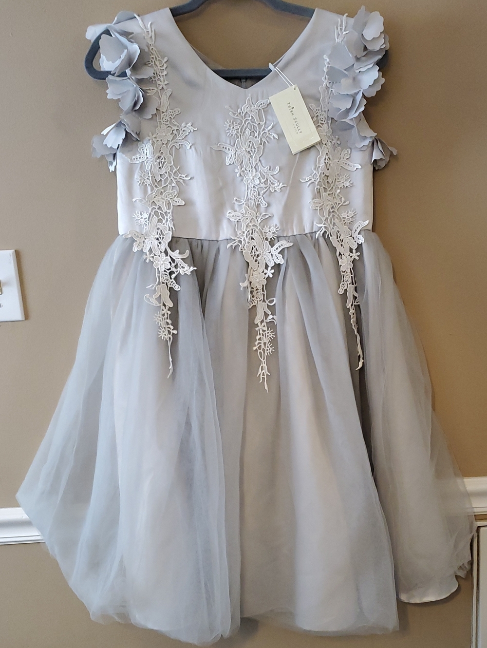 Trish Scully Bianca Appliqué Lace Floral Gown Silver Gray Dress Size 14 Girls - Picture 3 of 14